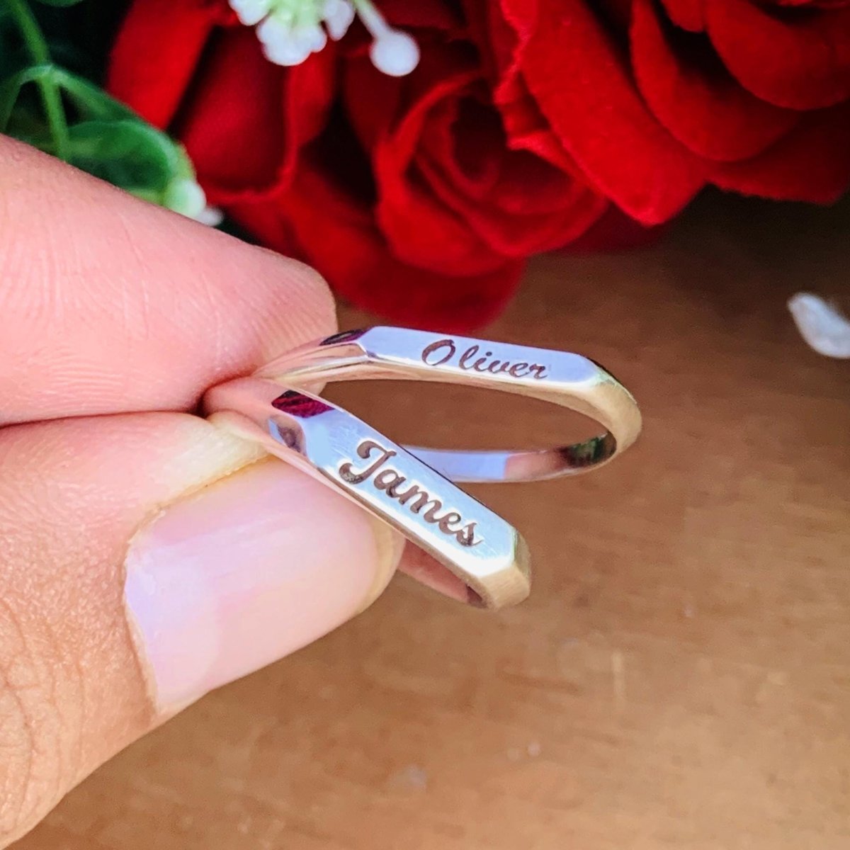 Custom Name Engraved Silver & Gold Stackable Promise Ring - BeadsBoatInc