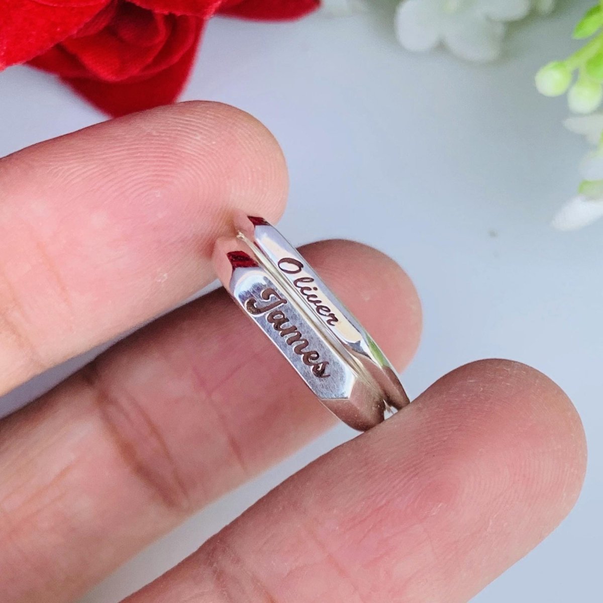 Custom Name Engraved Silver & Gold Stackable Promise Ring - BeadsBoatInc