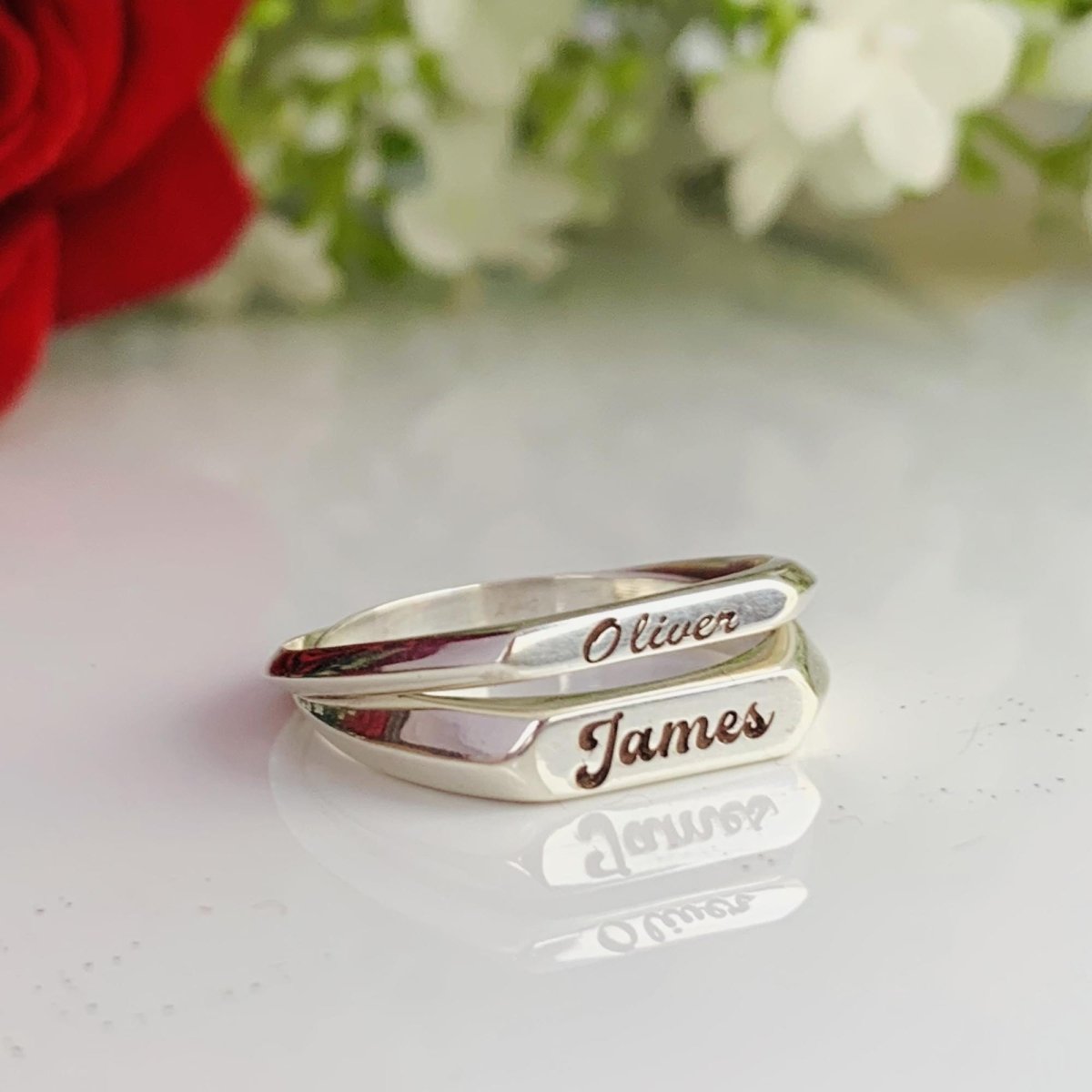 Custom Name Engraved Silver & Gold Stackable Promise Ring - BeadsBoatInc