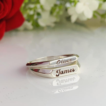 Custom Name Engraved Silver & Gold Stackable Promise Ring - BeadsBoatInc