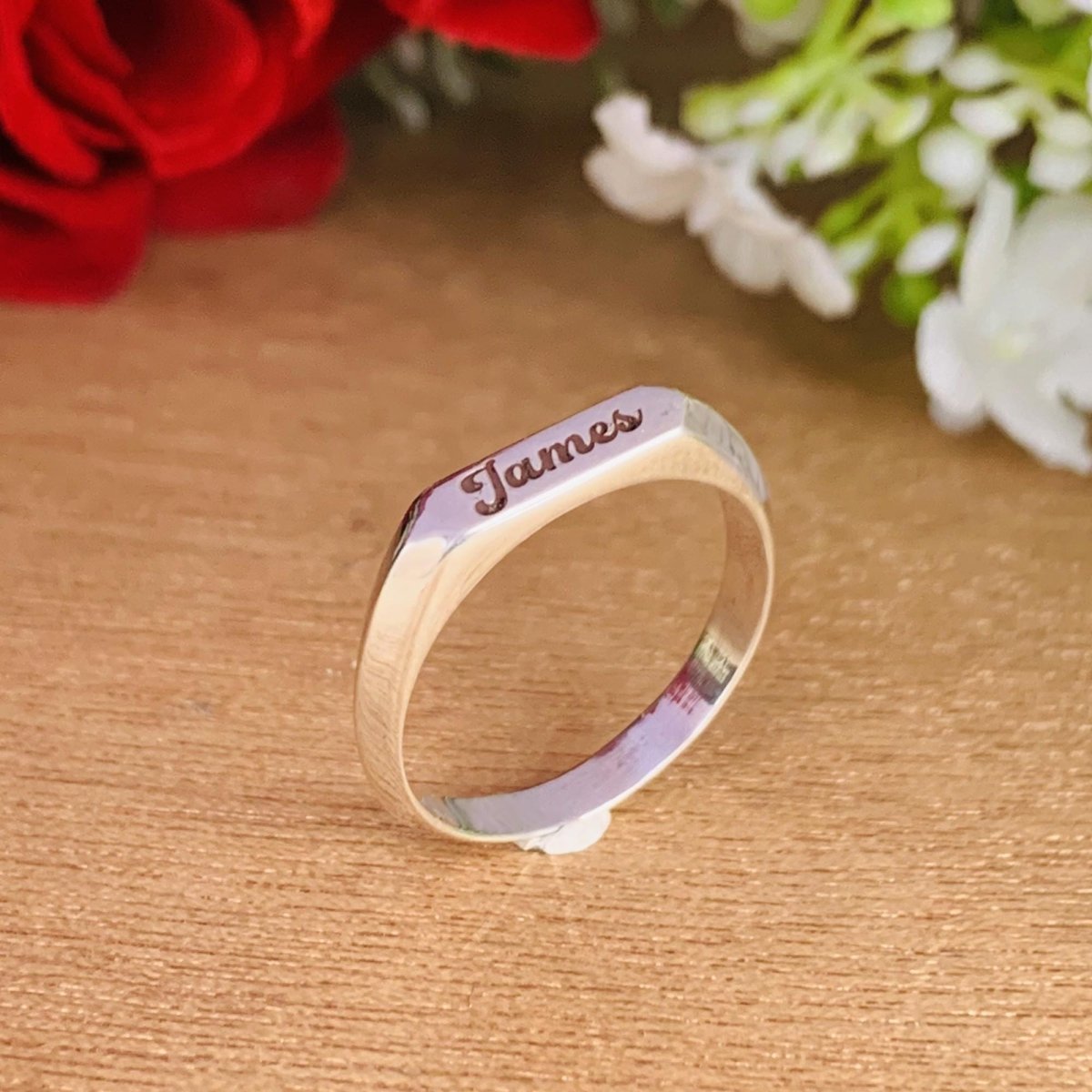 Custom Name Engraved Silver & Gold Stackable Promise Ring - BeadsBoatInc