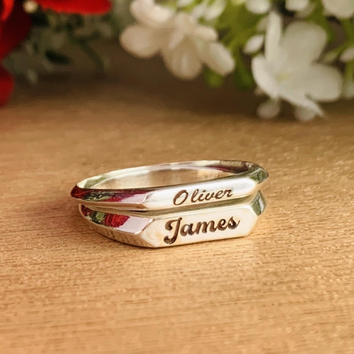 Custom Name Engraved Silver & Gold Stackable Promise Ring - BeadsBoatInc