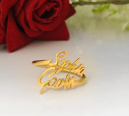Custom Two Name Ring, Personalized Stacking Name Ring - BeadsBoatInc