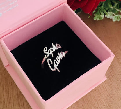 Custom Two Name Ring, Personalized Stacking Name Ring - BeadsBoatInc