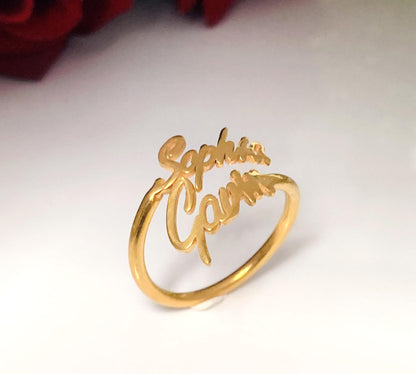 Custom Two Name Ring, Personalized Stacking Name Ring - BeadsBoatInc