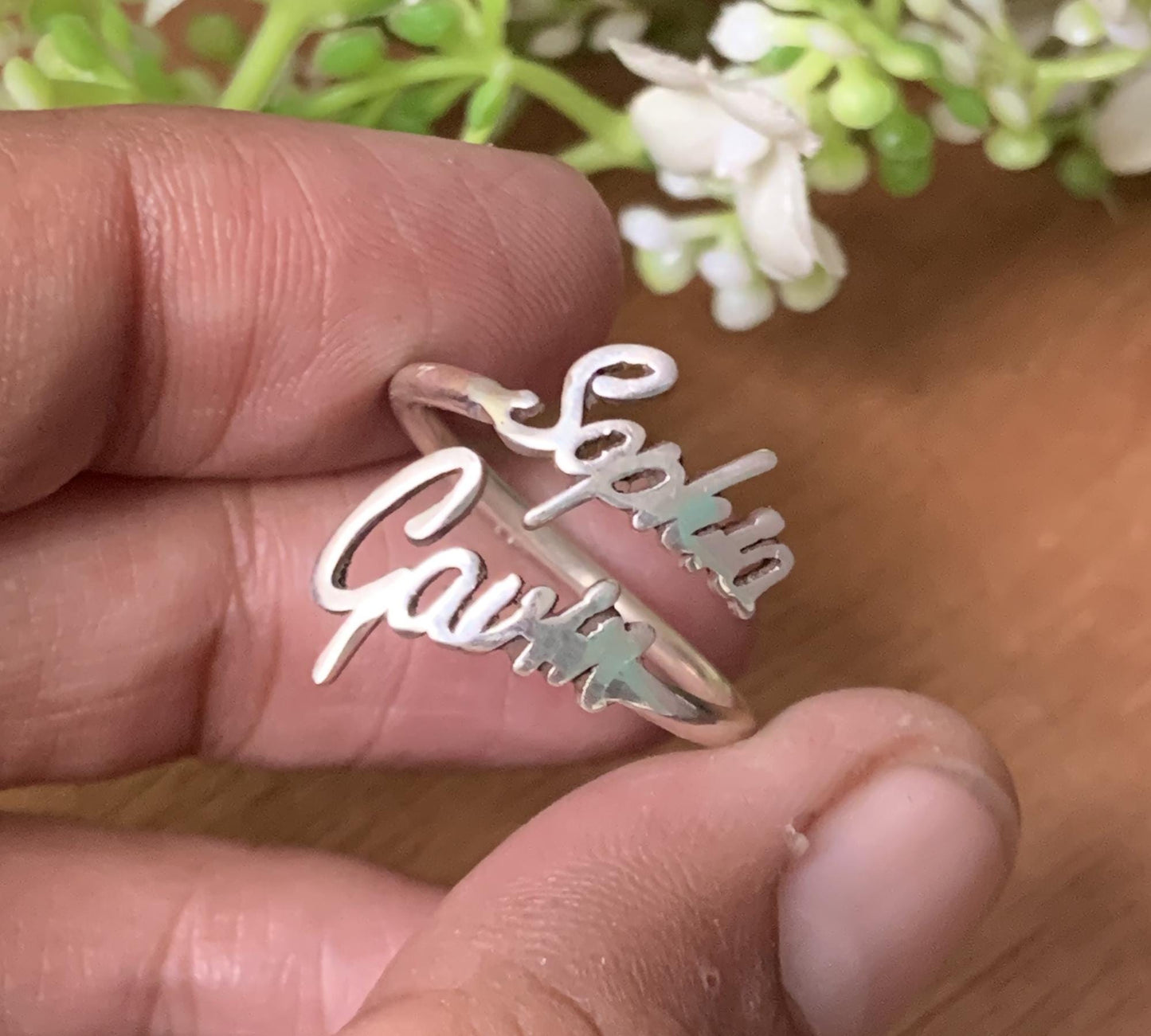 Custom Two Name Ring, Personalized Stacking Name Ring - BeadsBoatInc