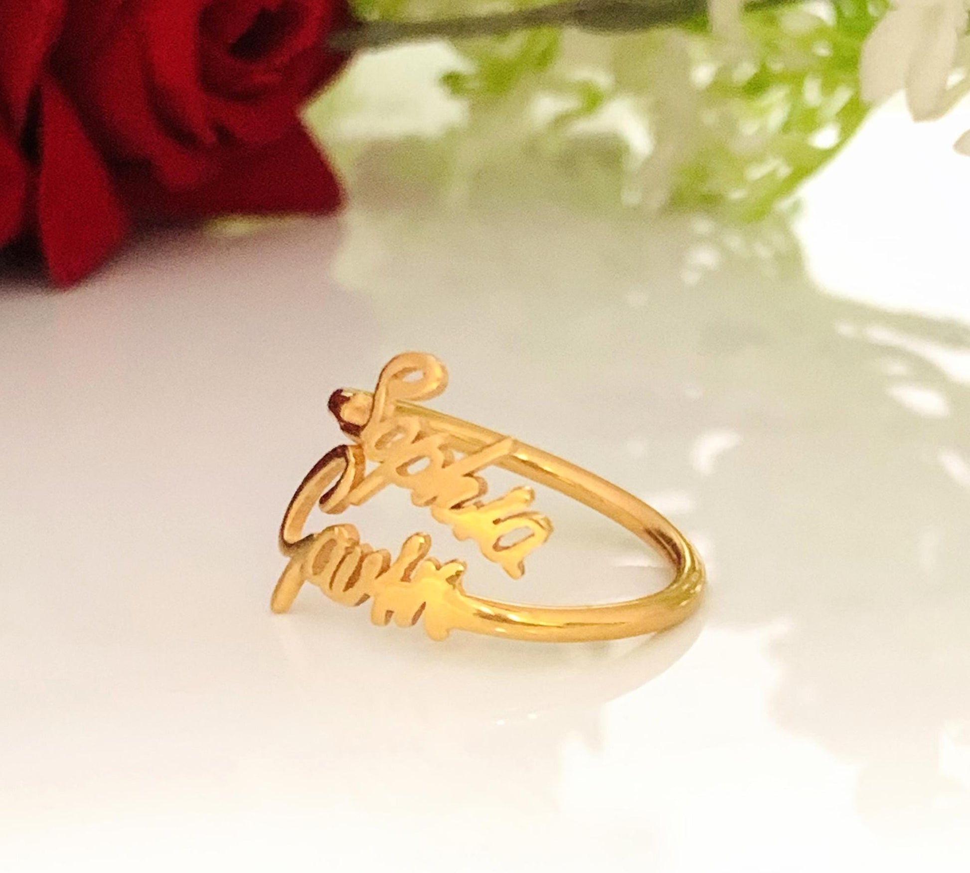 Custom Two Name Ring, Personalized Stacking Name Ring - BeadsBoatInc