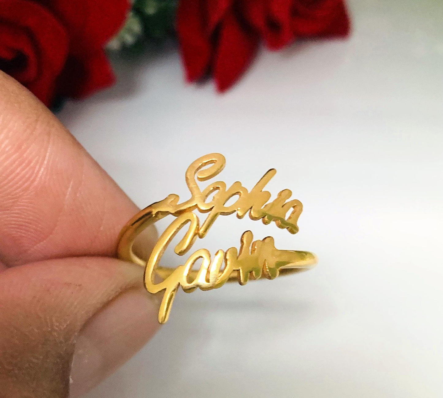 Custom Two Name Ring, Personalized Stacking Name Ring - BeadsBoatInc