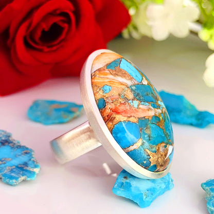 Big Oyster Copper Turquoise Statement Ring - 925 Silver Matte Finish