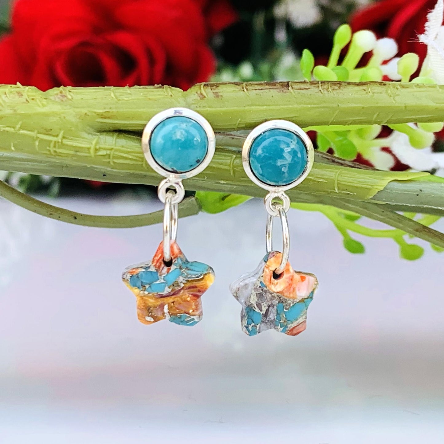 Turquoise & Oyster Copper Star Dangle Earrings – Sterling Silver Handmade Boho Jewelry