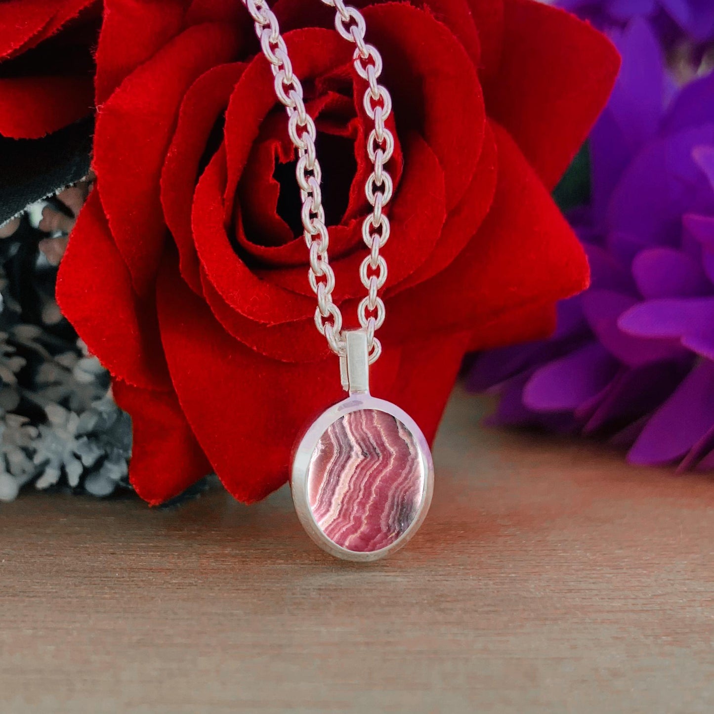 Pink Rhodochrosite Necklace – Dainty Silver Birthstone Pendant, Gift for Her