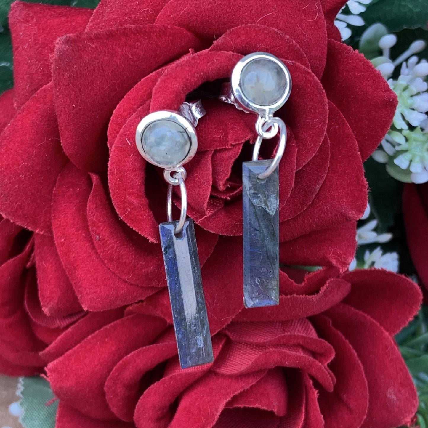 Sterling Silver Prehnite Studs with Blue Flash Labradorite Dangles, Unique Geometric Drop Earrings, Silver and Gold Plated Earrings For Gift