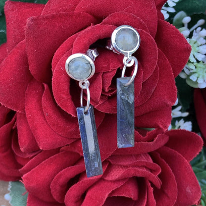 Sterling Silver Prehnite Studs with Blue Flash Labradorite Dangles, Unique Geometric Drop Earrings, Silver and Gold Plated Earrings For Gift