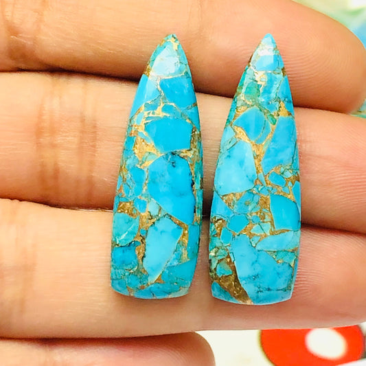 1 Pair Copper Turquoise Smooth Long Trillion Gemstone, Size 10x31mm, Matching Pair Briolette, Earring Making Gemstone , SKU - BBI274