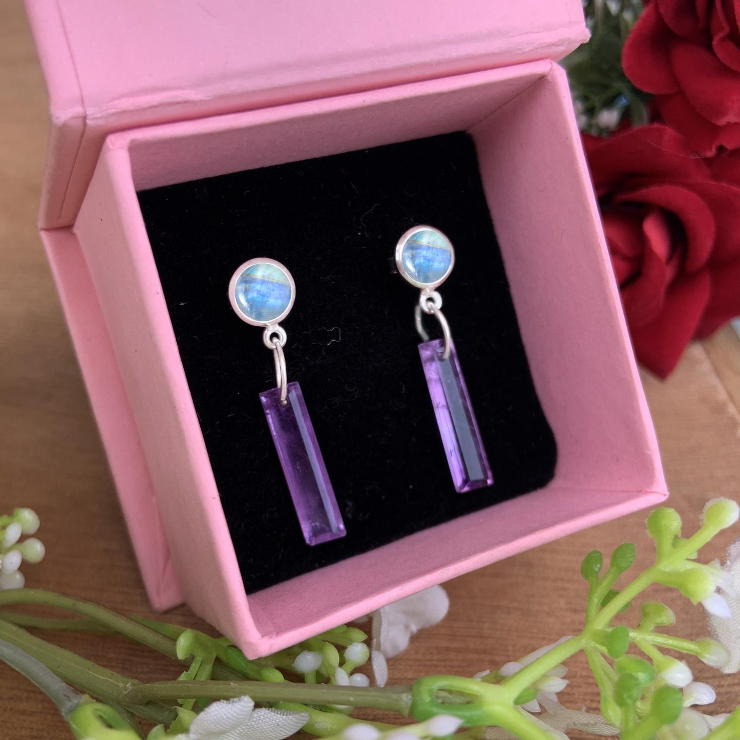 Handcrafted Moonstone Studs with Dangling Amethyst Crystal Pillars ~ Long Earrings ~ Silver and Vermeil gold ~ Gift For Her Bridesmaid Gift