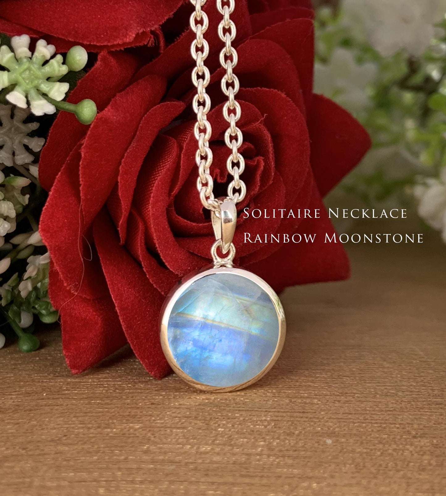 Rainbow Moonstone Full Moon Necklace – Dainty Solitaire Pendant in Silver or 18K Gold