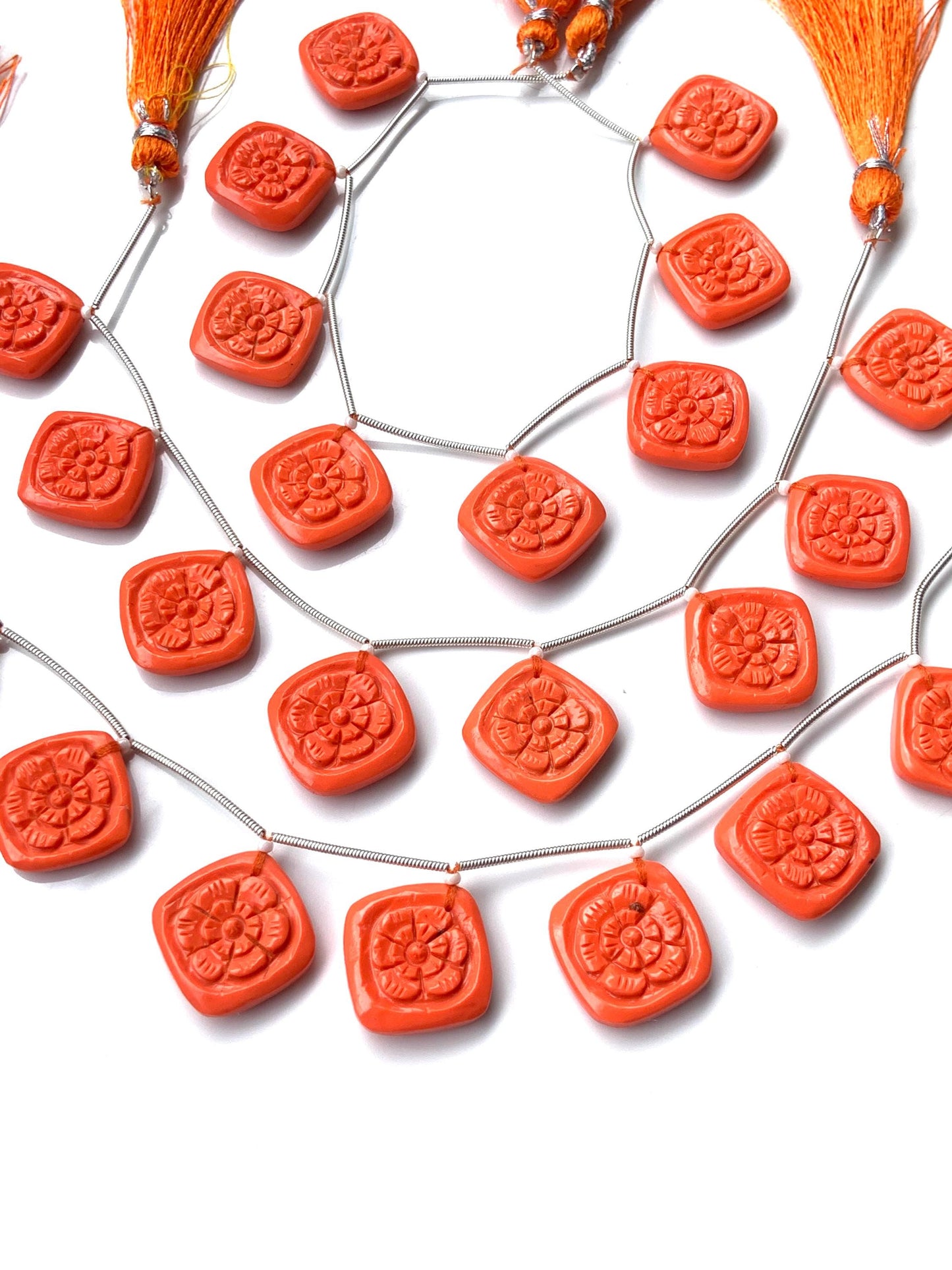 Red Coral Carved Cushion Flower Briolette Beads – 8pcs 17x17x5mm