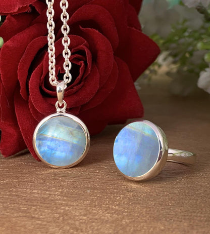 Rainbow Moonstone Full Moon Necklace – Dainty Solitaire Pendant in Silver or 18K Gold