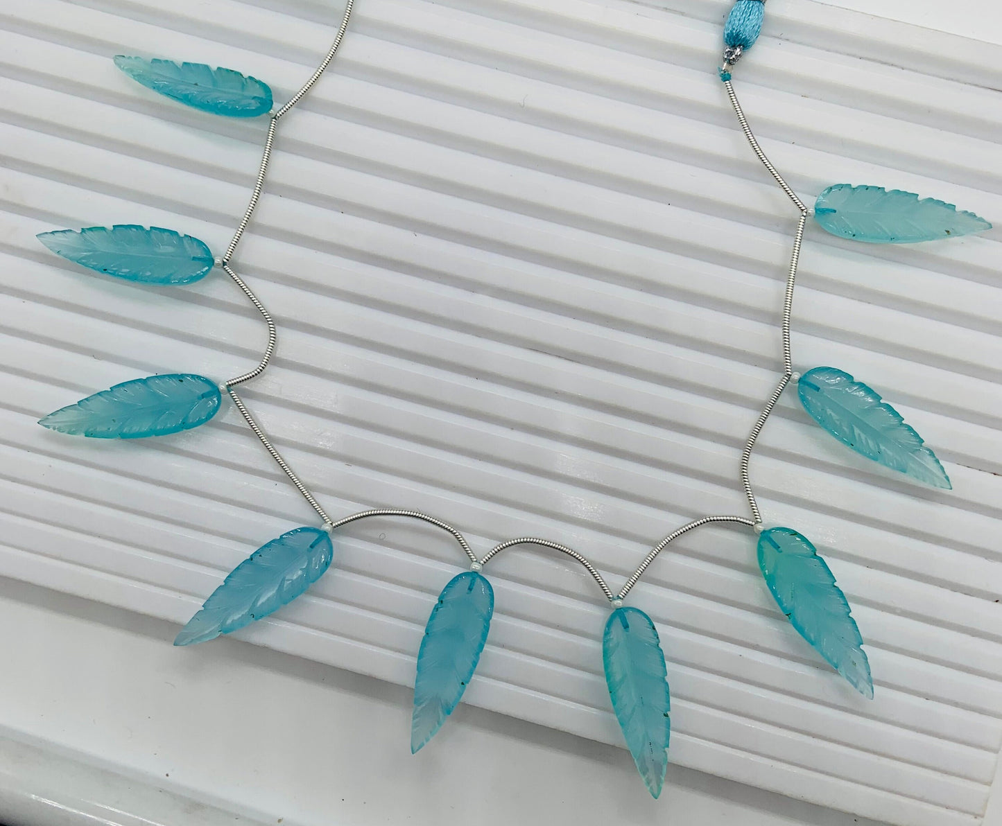 10 Pieces Natural Aqua Chalcedony Leaf Shape Carved Gemstone Beads Briolette, Aqua Chalcedony Gemstone for Jewelry Making Size 30x10x4mm