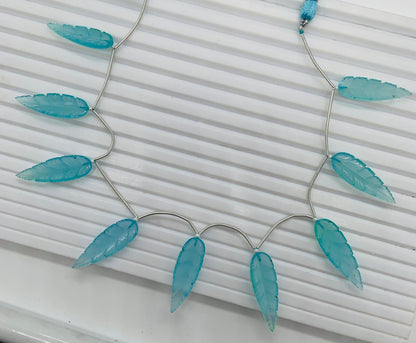 10 Pieces Natural Aqua Chalcedony Leaf Shape Carved Gemstone Beads Briolette, Aqua Chalcedony Gemstone for Jewelry Making Size 30x10x4mm