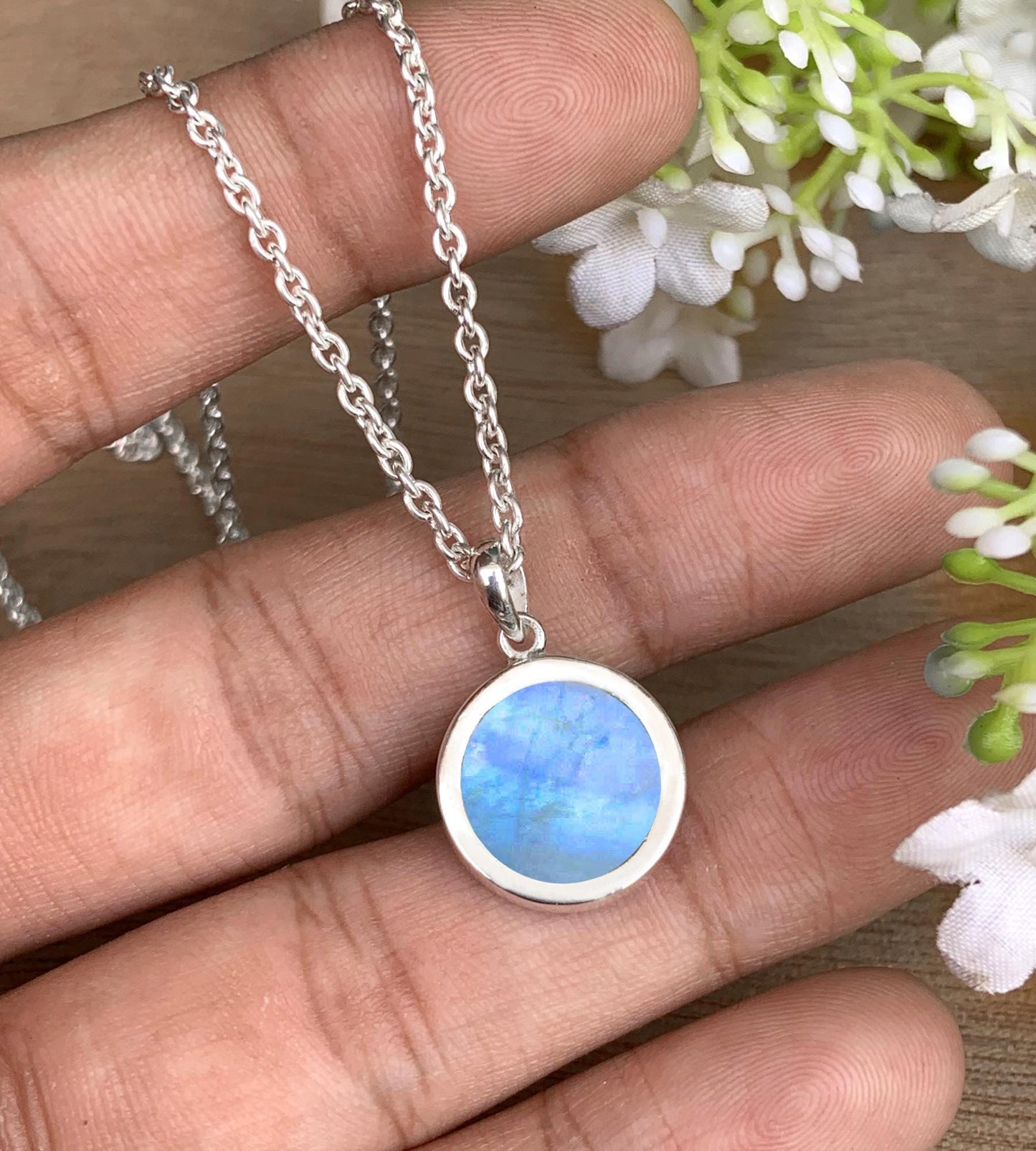 Rainbow Moonstone Full Moon Necklace – Dainty Solitaire Pendant in Silver or 18K Gold