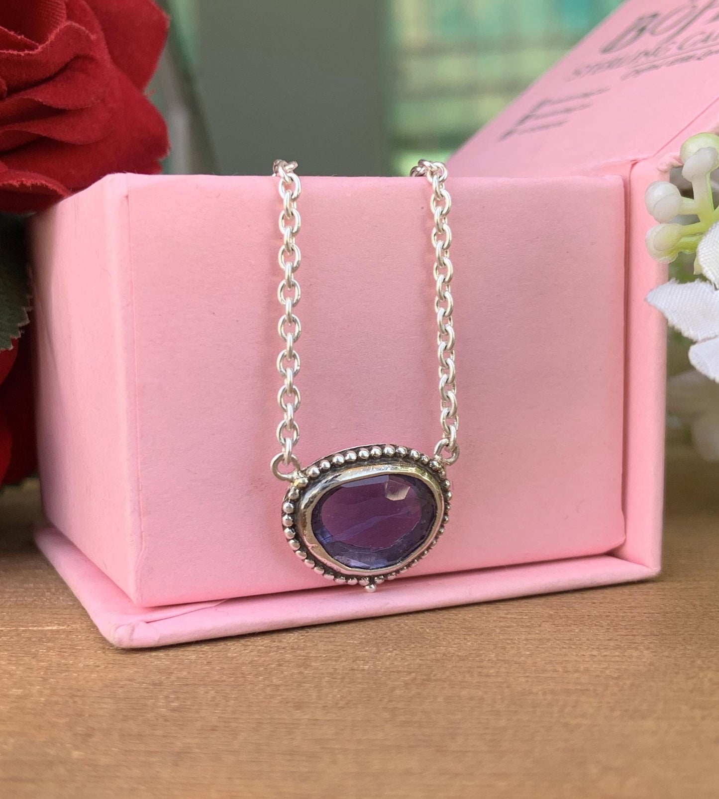 Natural Iolite Necklace – Sterling Silver & Gold Rosecut Pendant