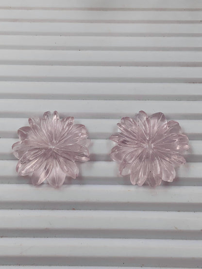 1 Pair Natural Rose Quartz Hand Carved Flower Shape Briolette Beads, Carved Flower shape jewelry making Pair Gemstone Size -24x24X4mm