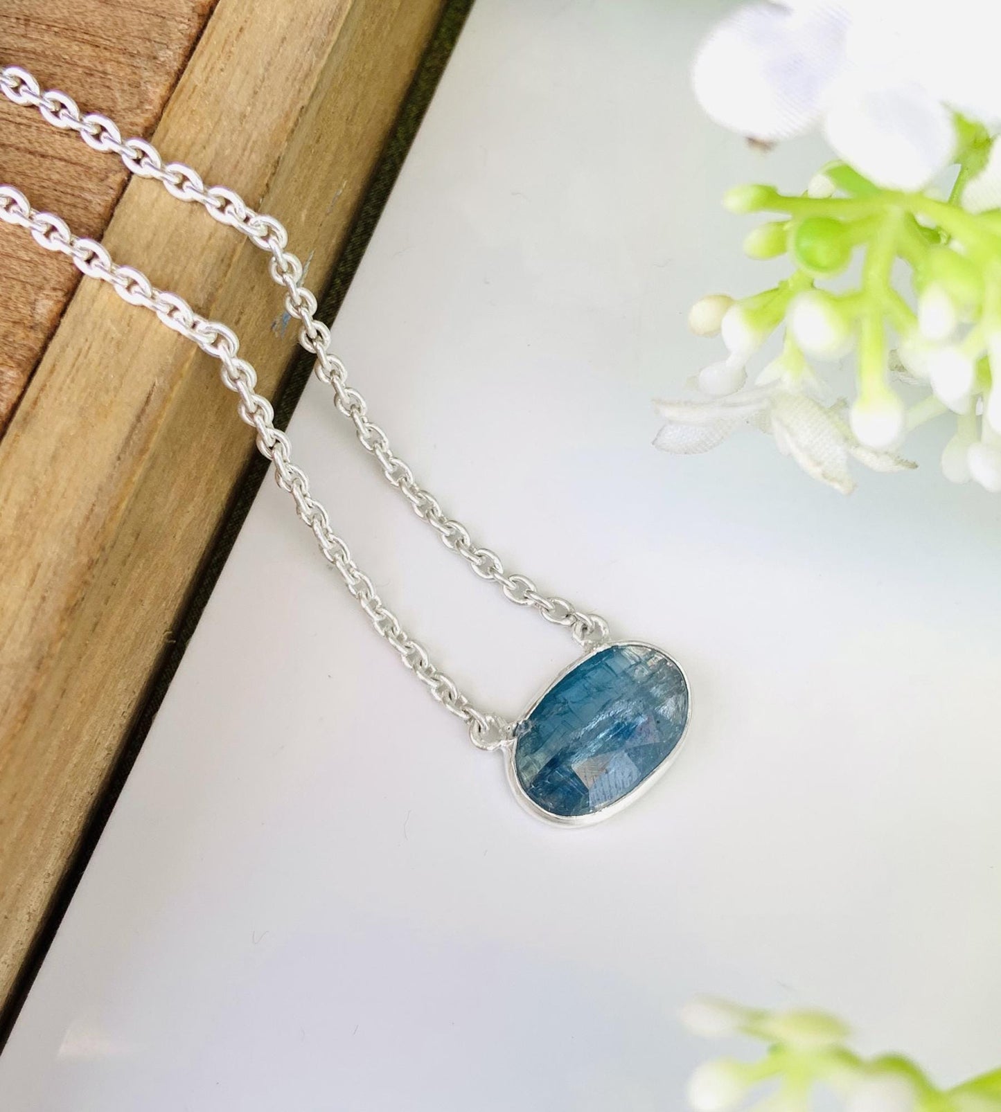 Blue Kyanite Rosecut Necklace – Minimalist Silver & Gold Pendant, Gift for Her