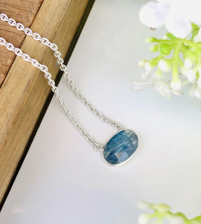 Blue Kyanite Rosecut Necklace – Minimalist Silver & Gold Pendant, Gift for Her