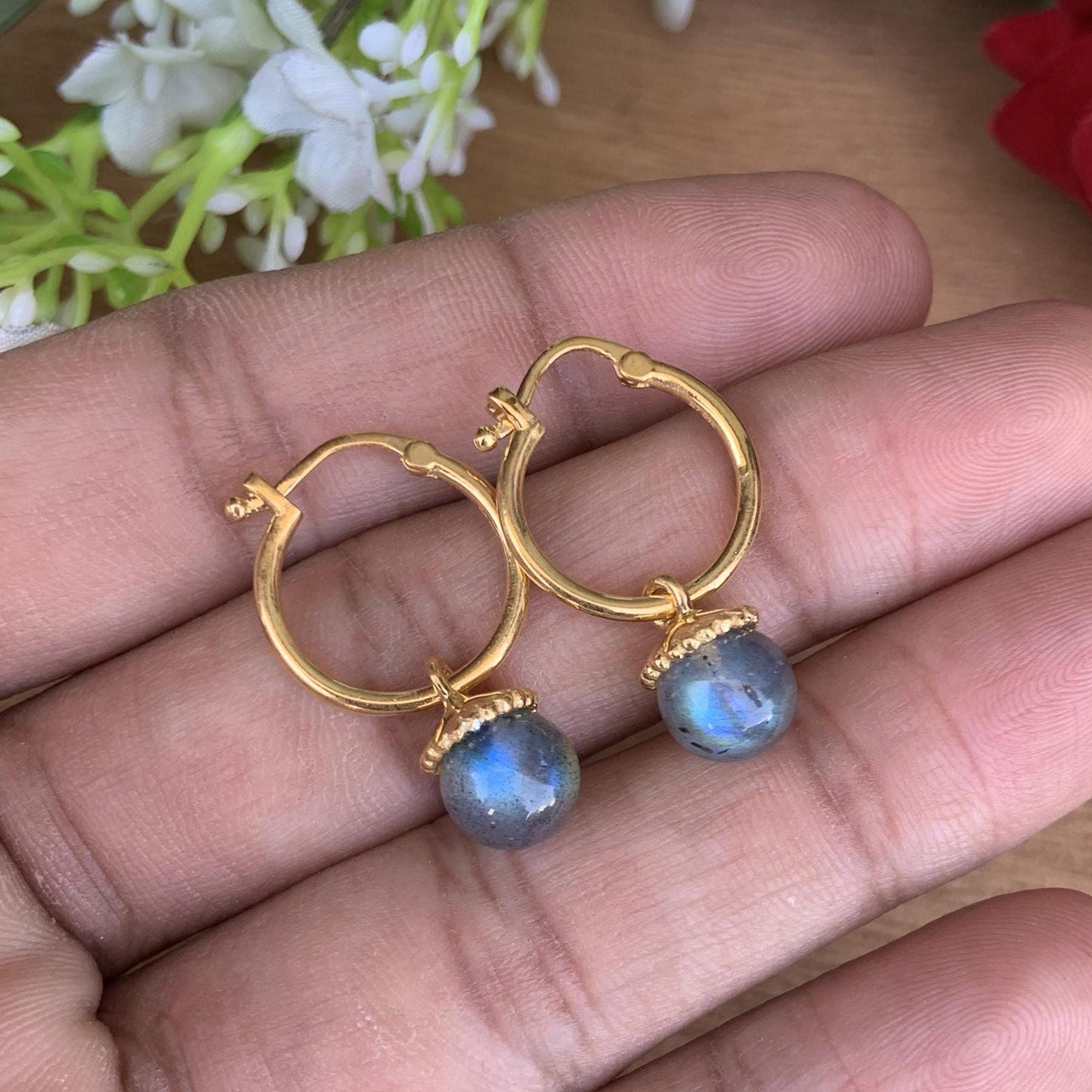 Labradorite Hoop Huggies Earrings ~ Silver & Vermeil Gold Earrings ~ Gift For Mom ~ Dangling Pearl Earrings ~ Bridesmaids Earrings ~