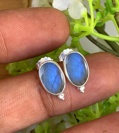 Labradorite Studs Earrings ~ Dainty Silver and Vermeil Gold Studs ~ Handmade Birthstone Jewelry ~ Gift For Her Anniversary Gift ~ 0046