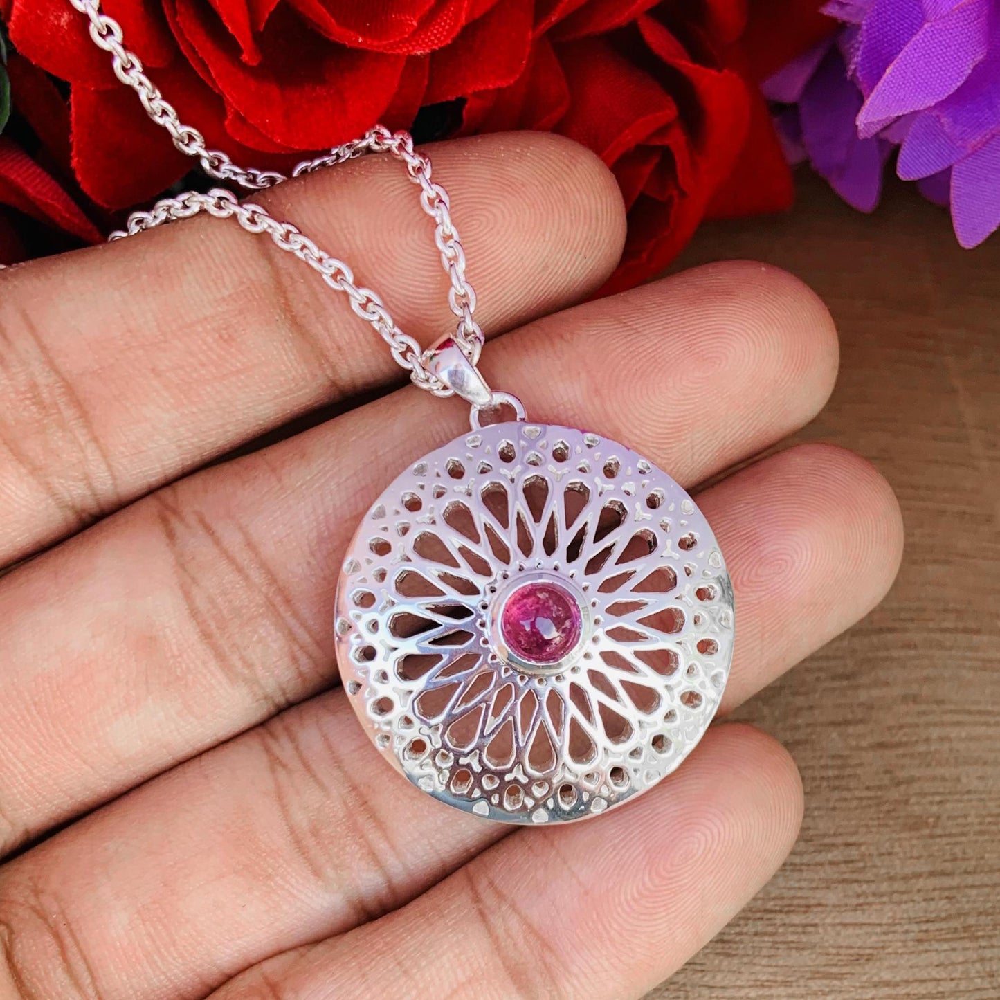 Chakra Round Tourmaline Filigree Silver Necklace