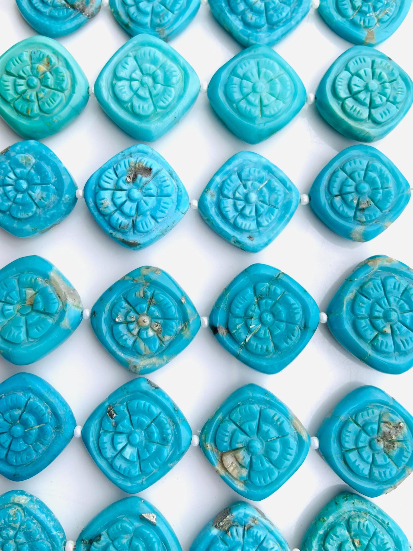 4 Pcs Natural Arizona Turquoise Carved Cushion Flower Briolette Beads 17x17mm