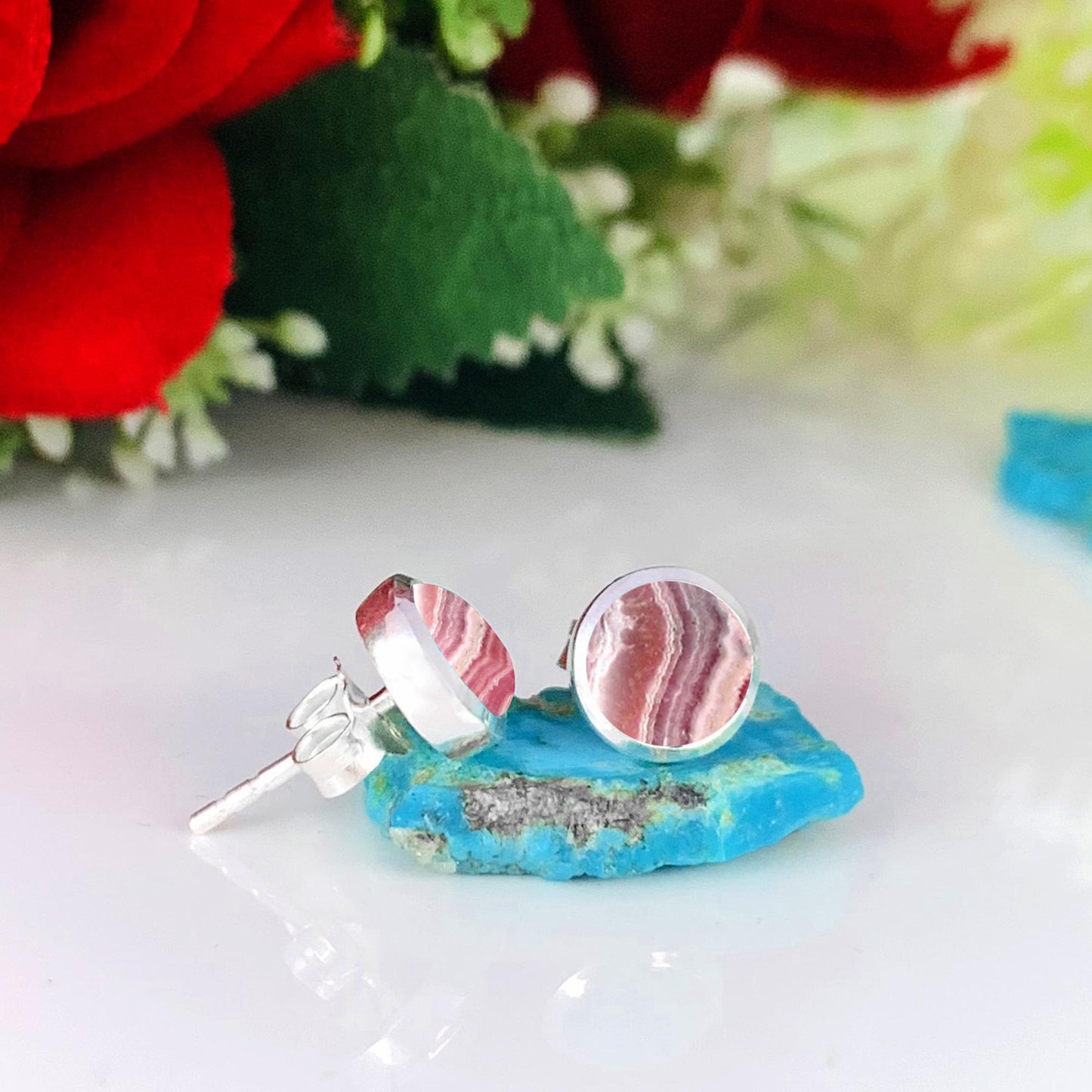 Rhodochrosite Stud Earrings ~ Pink Gemstone Earrings for Women ~ Sterling Silver Minimalist Studs ~ Natural Crystal Jewelry Gift
