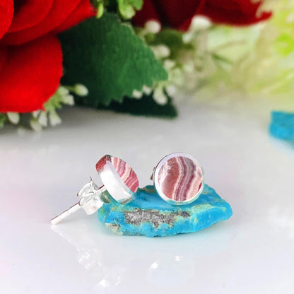 Rhodochrosite Stud Earrings ~ Pink Gemstone Earrings for Women ~ Sterling Silver Minimalist Studs ~ Natural Crystal Jewelry Gift