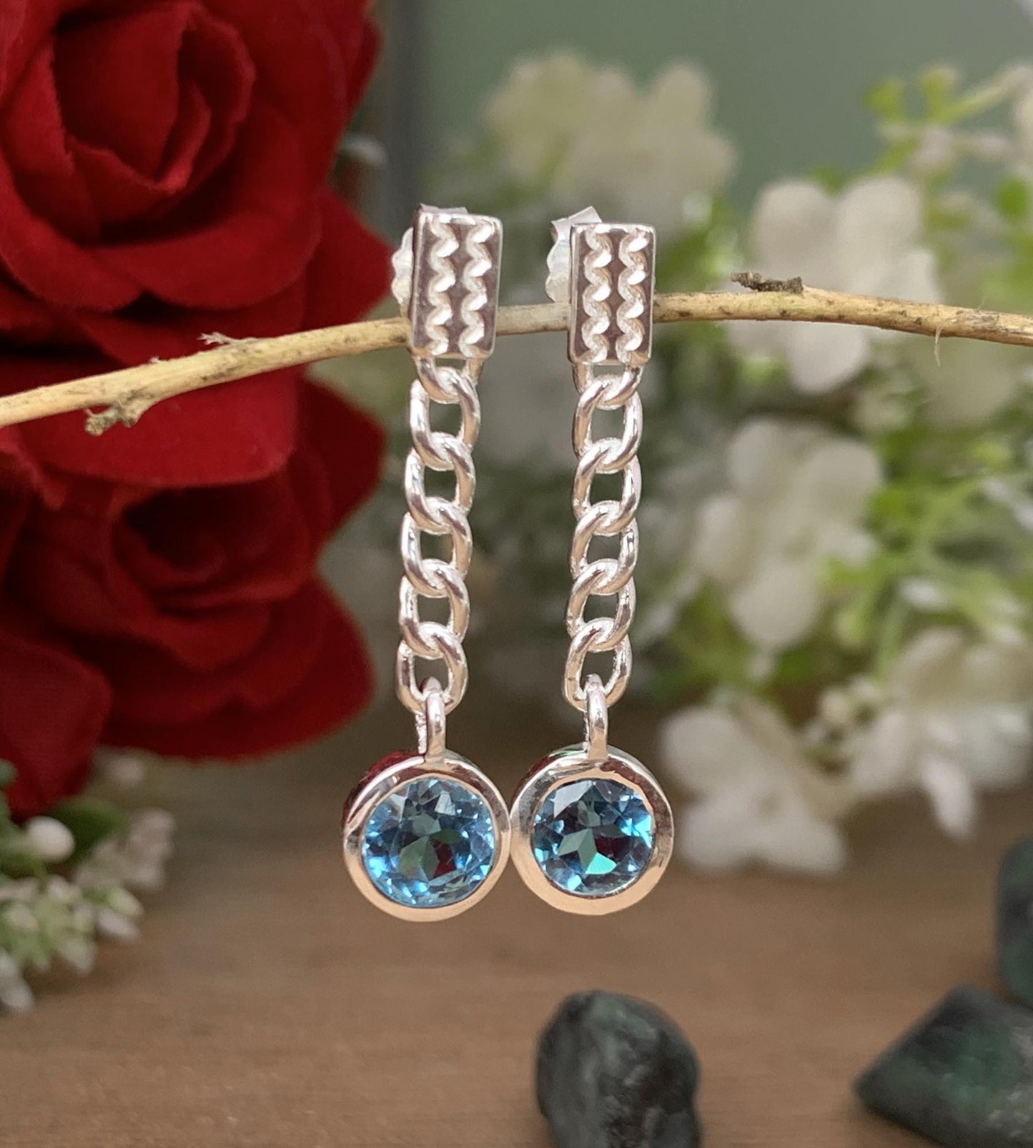 Blue topaz earrings, Silver and gold vermeil Jewelry, minimalist chain design earrings, Everyday wear, Dangling earrings, gift for her