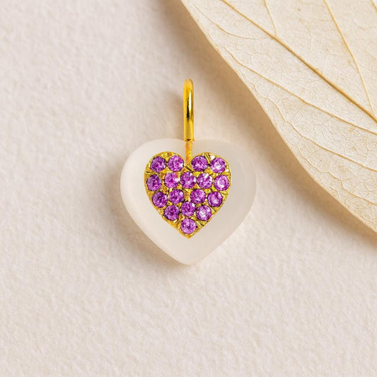 Gold Heart Pendant with Pink CZ Stone Frosted Crystal Heart Charm Necklace for Her
