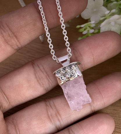 Rough Morganite Necklace – Pink Crystal Sterling Silver Pendant, Gift for Her