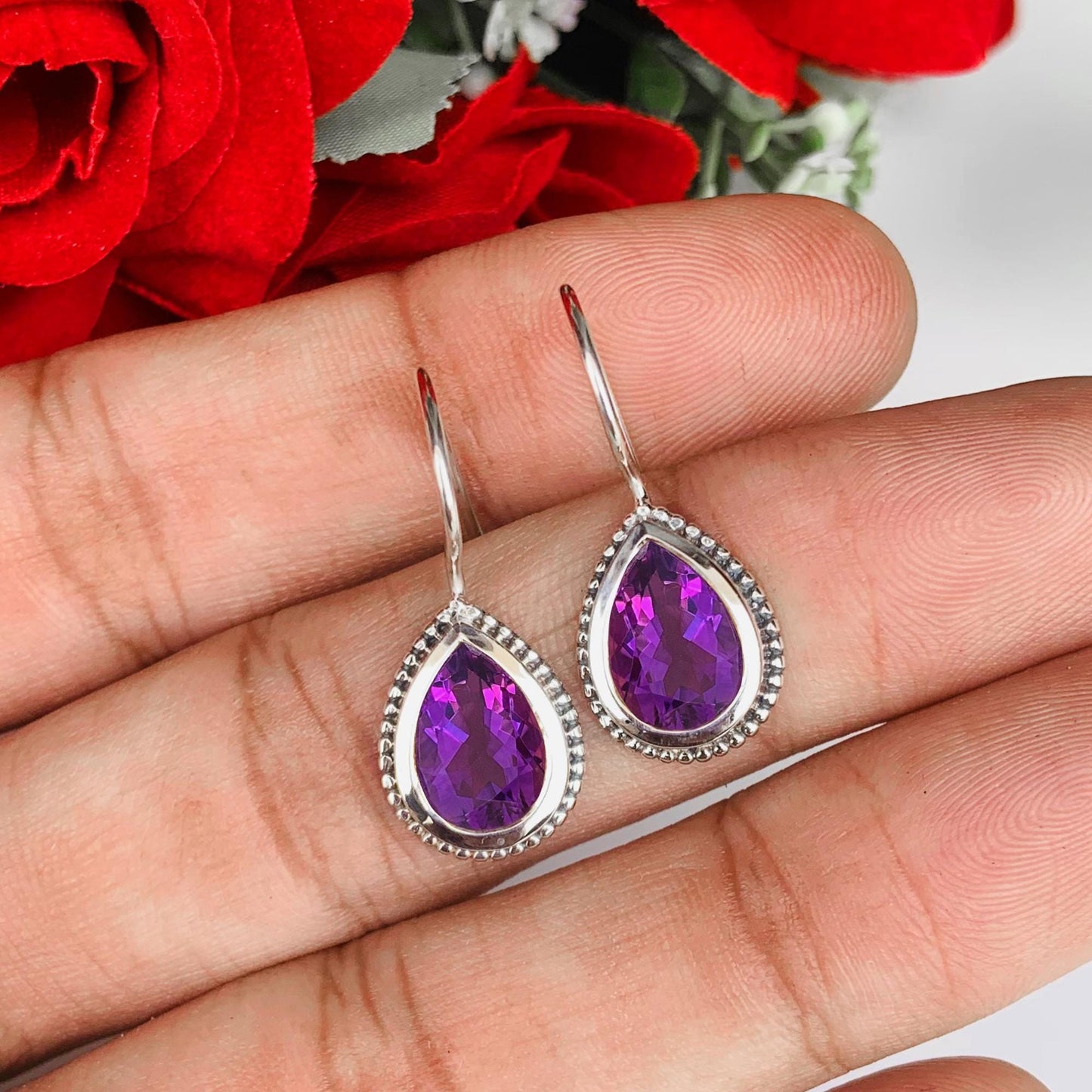 Purple Amethyst Earrings ~ Brazilian Amethyst ~ Pear Shape ~ Sterling Silver Earrings ~ Birthday Gift For Her ~ Statement Earrings ~ E-0031