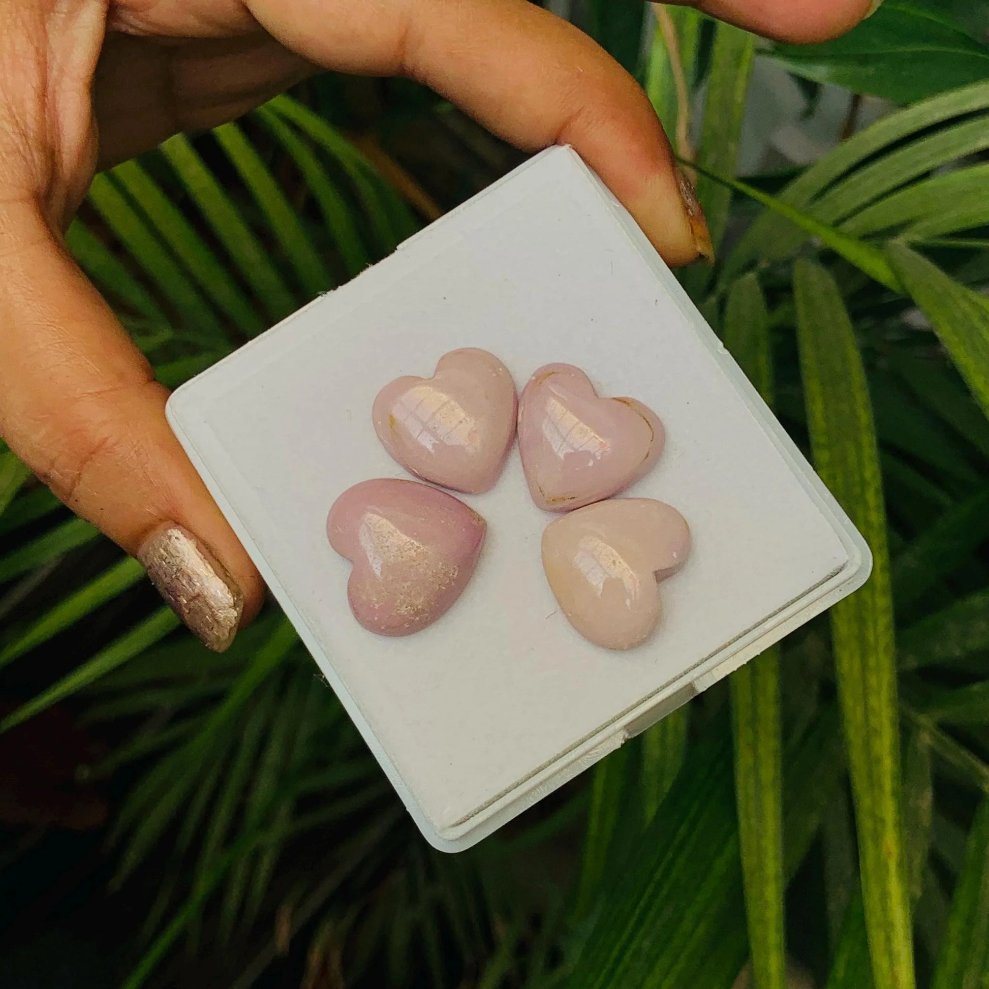 Hand holding four polished pink heart-shaped gemstone cabochons in a white box