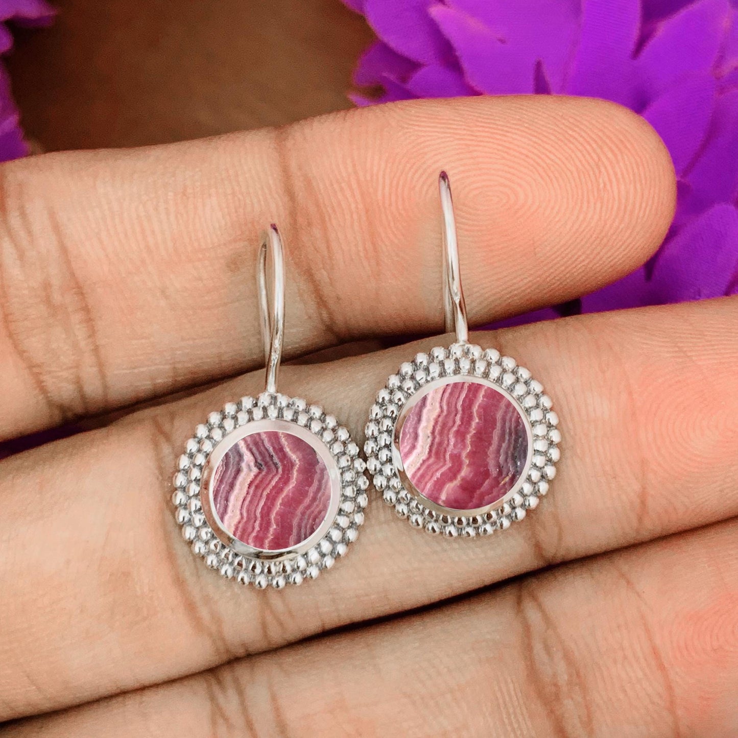 Natural Pink Rhodochrosite Dangle Earrings - 925 Sterling Silver Gemstone Jewelry