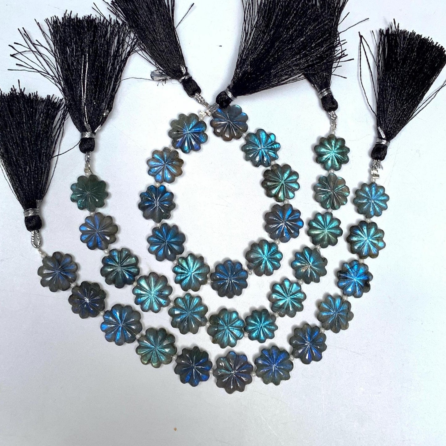Natural Labradorite Flower Beads 10 Pcs - Blue Flash Carved Gemstone Briolette