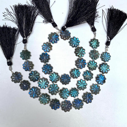 Natural Labradorite Flower Beads 10 Pcs - Blue Flash Carved Gemstone Briolette