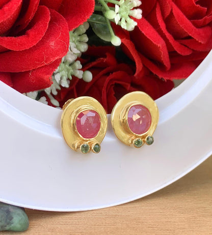 Rosecut Ruby Stud Earrings ~ Vermeil Gold and Silver Earrings ~ Ruby and Green Tourmaline ~ Dainty Stud Earrings ~ Handmade Jewelry ~ E-0048