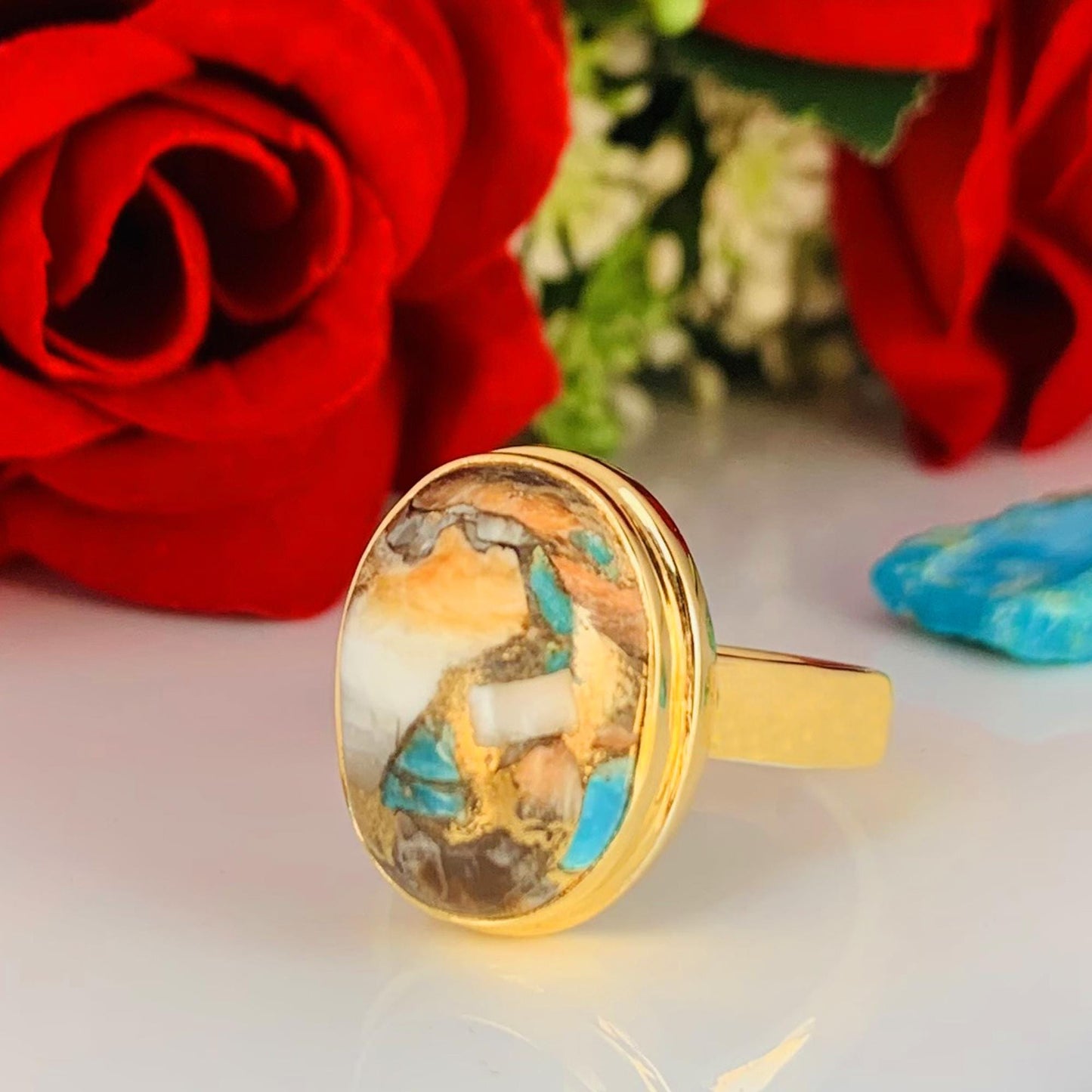 Oyster Turquoise Ring ~ 18k Gold Statement Ring ~ Oval Shape Stone ~ vermeil Gold Ring ~ Ring For Her ~ Chunky Ring ~ R-0084