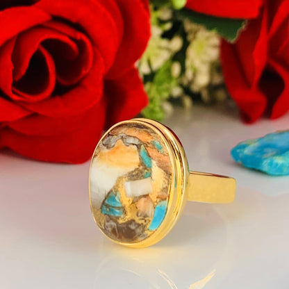 Oyster Turquoise Ring ~ 18k Gold Statement Ring ~ Oval Shape Stone ~ vermeil Gold Ring ~ Ring For Her ~ Chunky Ring ~ R-0084