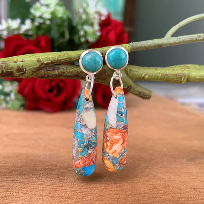 Turquoise & Spiny Oyster Shell Teardrop Dangle Earrings – Handmade Sterling Silver Jewelry