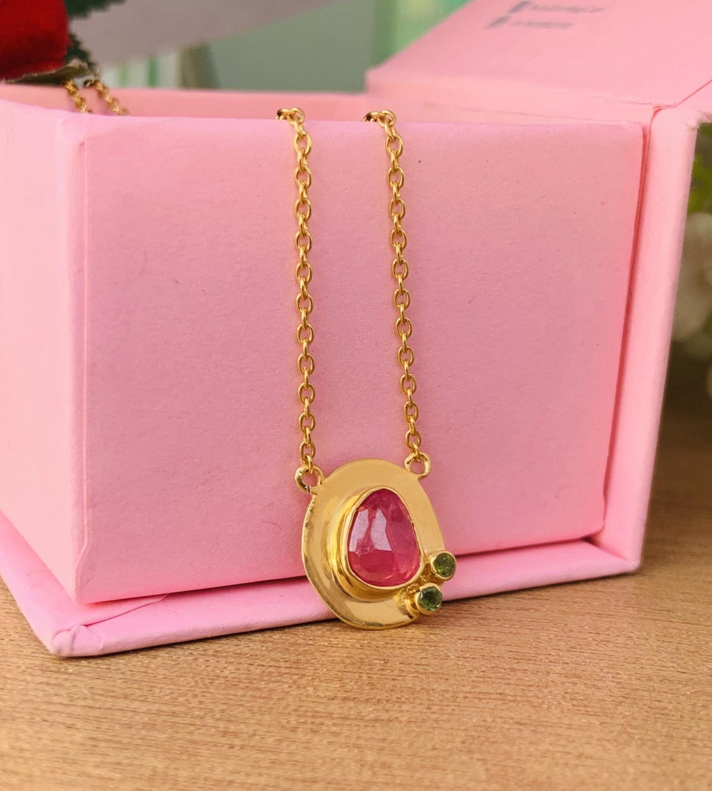 Rosecut Ruby Necklace – 18K Gold & Silver Minimal Pendant