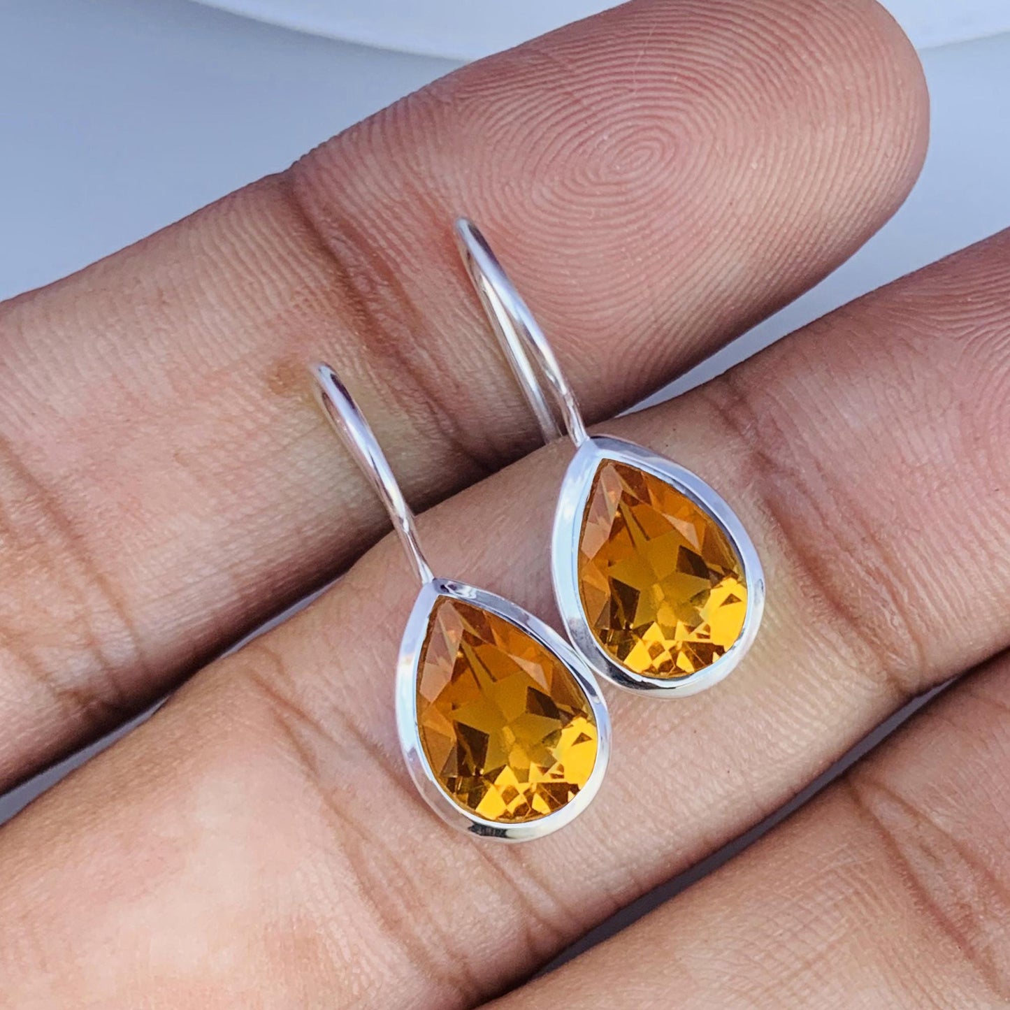 Dainty Citrine Pear Earrings - Sterling Silver & Gold Vermeil - BeadsBoatInc