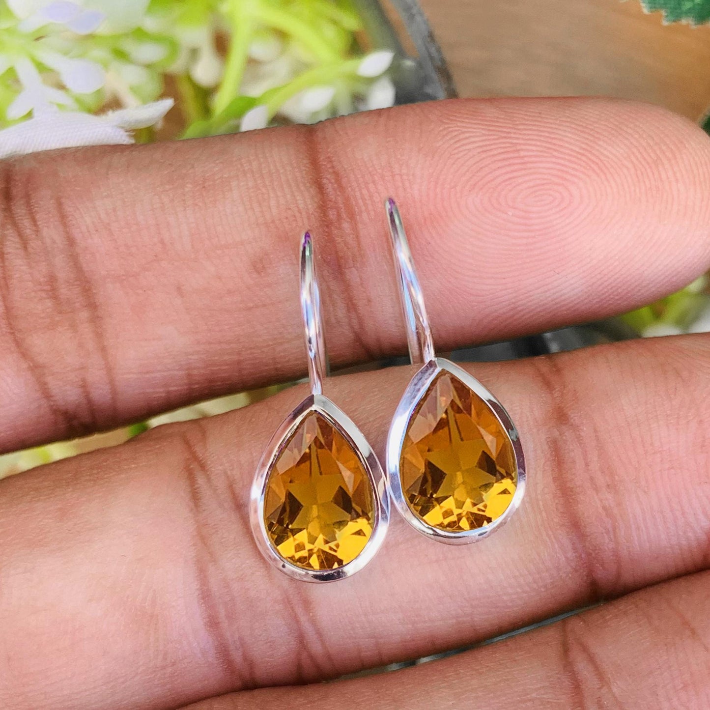 Dainty Citrine Pear Earrings - Sterling Silver & Gold Vermeil - BeadsBoatInc